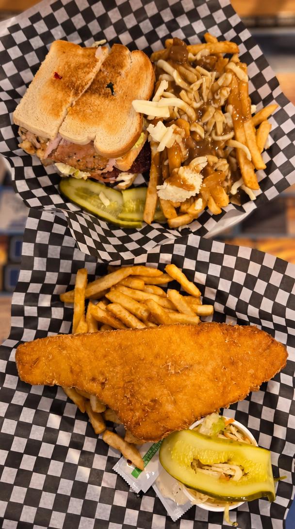 Sandwich, poutine and fish & chips