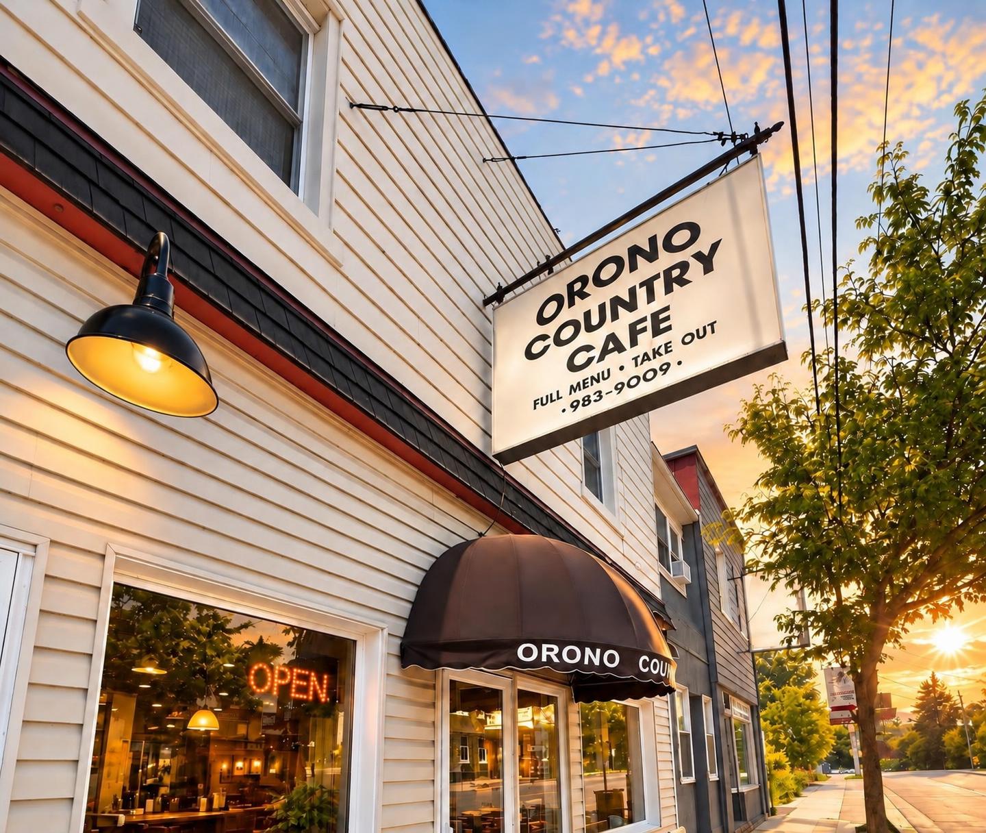 Orono Country Café storefront at golden hour, sign lit above the entrance