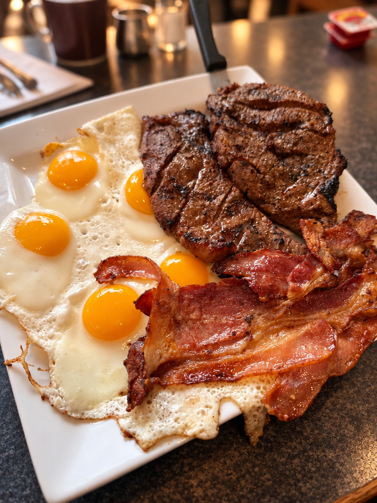 Steak and eggs with bacon
